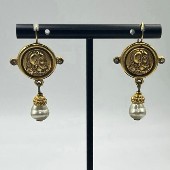 Ben-Amun Jewelry - Ben-Amun Gold Plated‎ Coin Roman Inspired White Glass Pearl Dangle Earrings